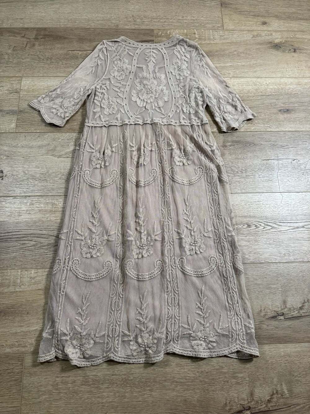 Orange Creek M/L Beige Embroidered Lace Midi Dress Lined Boho Floral - Picture 16 of 16